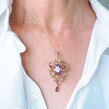 Load image into Gallery viewer, Antique Edwardian Amethyst &amp; Seed Pearl 9ct Gold Pendant Necklace, Art Nouveau Design - c.1910
