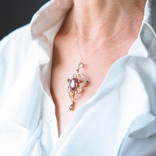 Load image into Gallery viewer, Antique Edwardian Amethyst &amp; Seed Pearl 9ct Gold Pendant Necklace, Art Nouveau Design - c.1910
