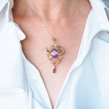 Load image into Gallery viewer, Antique Edwardian Amethyst &amp; Seed Pearl 9ct Gold Pendant Necklace, Art Nouveau Design - c.1910
