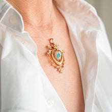 Load image into Gallery viewer, Antique Edwardian 15ct Gold Turquoise, Diamond &amp; Seed Pearl Pendant Necklace - c.1910
