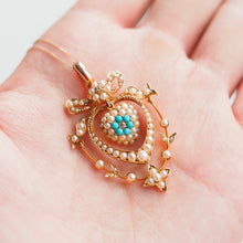Load image into Gallery viewer, Antique Edwardian 15ct Gold Turquoise, Diamond &amp; Seed Pearl Pendant Necklace - c.1910
