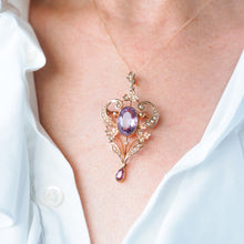 Load image into Gallery viewer, Antique Edwardian Amethyst &amp; Seed Pearl 9ct Gold Pendant Necklace, Art Nouveau Design - c.1910
