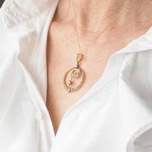Load image into Gallery viewer, Antique Diamond and Pearl Pendant Necklace 14K Gold Double Crescent Moon c.1900
