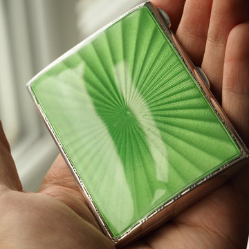 silver and enamel cigarette case Sterling Silver Cigarette Case with Green Sunburst Enamel Guilloche