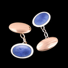 Load image into Gallery viewer, Antique Gold Cufflinks with Blue Guilloche Enamel 9ct Gold &amp; Sterling Silver - Victorian c.1863
