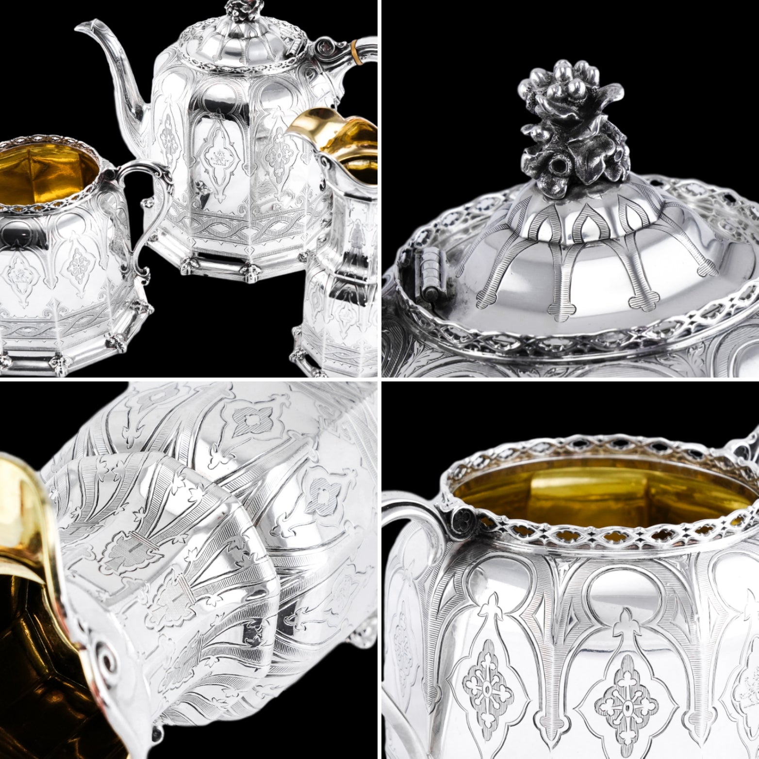 Antique Silver Tea Set 3 Piece Gothic Design - Elkington 1853