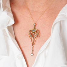 Load image into Gallery viewer, Antique Aquamarine Pendant Necklace with Seed Pearls 9ct Gold Art Nouveau Design - Edwardian c.1905
