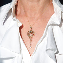 Load image into Gallery viewer, Antique Aquamarine Pendant Necklace with Seed Pearls 9ct Gold Art Nouveau Design - Edwardian c.1905
