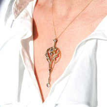 Load image into Gallery viewer, Antique Aquamarine Pendant Necklace with Seed Pearls 9ct Gold Art Nouveau Design - Edwardian c.1905
