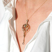 Load image into Gallery viewer, Antique Aquamarine Pendant Necklace with Seed Pearls 9ct Gold Art Nouveau Design - Edwardian c.1905
