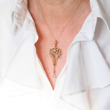 Load image into Gallery viewer, Antique Aquamarine Pendant Necklace with Seed Pearls 9ct Gold Art Nouveau Design - Edwardian c.1905
