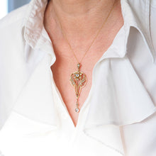 Load image into Gallery viewer, Antique Aquamarine Pendant Necklace with Seed Pearls 9ct Gold Art Nouveau Design - Edwardian c.1905
