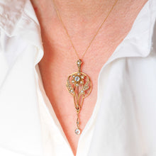 Load image into Gallery viewer, Antique Aquamarine Pendant Necklace with Seed Pearls 9ct Gold Art Nouveau Design - Edwardian c.1905
