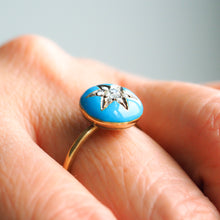 Load image into Gallery viewer, Antique Victorian Diamond Star Ring 9ct Gold Blue Enamel Cabochon - c.1890

