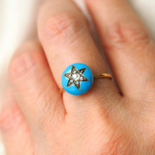 Load image into Gallery viewer, Antique Victorian Diamond Star Ring 9ct Gold Blue Enamel Cabochon - c.1890

