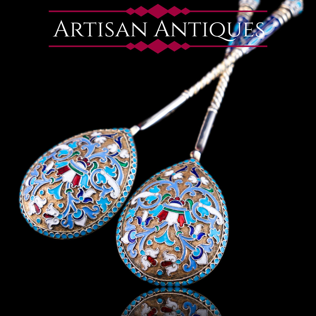 Antique Imperial Russian Solid Silver Pair of Spoons with Cloisonne Enamel - Vasily Agafonov c.1882-1899