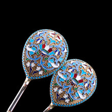 Load image into Gallery viewer, Antique Imperial Russian Solid Silver Pair of Spoons with Cloisonne Enamel - Vasily Agafonov c.1882-1899
