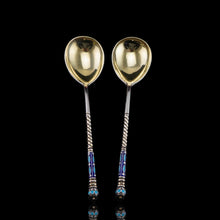 Load image into Gallery viewer, Antique Imperial Russian Solid Silver Pair of Spoons with Cloisonne Enamel - Vasily Agafonov c.1882-1899
