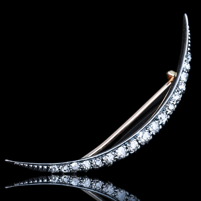 Antique Victorian Diamond Brooch Crescent 14K Gold - c.1890