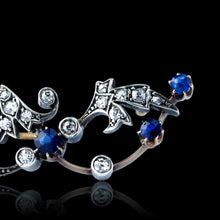 Load image into Gallery viewer, Antique Victorian Sapphire and Diamond Brooch with Foliate Motif 9K Gold- c.1880
