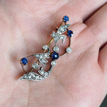 Load image into Gallery viewer, Antique Victorian Sapphire and Diamond Brooch with Foliate Motif 9K Gold- c.1880
