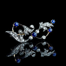 Load image into Gallery viewer, Antique Victorian Sapphire and Diamond Brooch with Foliate Motif 9K Gold- c.1880
