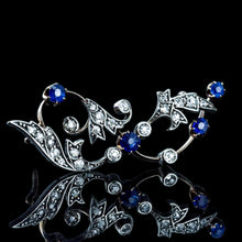 Load image into Gallery viewer, Antique Victorian Sapphire and Diamond Brooch with Foliate Motif 9K Gold- c.1880
