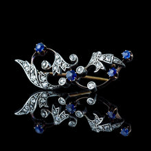 Load image into Gallery viewer, Antique Victorian Sapphire and Diamond Brooch with Foliate Motif 9K Gold- c.1880
