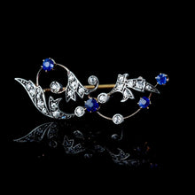 Load image into Gallery viewer, Antique Victorian Sapphire and Diamond Brooch with Foliate Motif 9K Gold- c.1880

