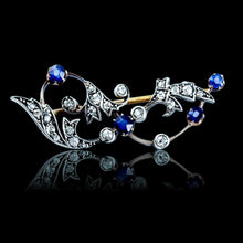 Load image into Gallery viewer, Antique Victorian Sapphire and Diamond Brooch with Foliate Motif 9K Gold- c.1880
