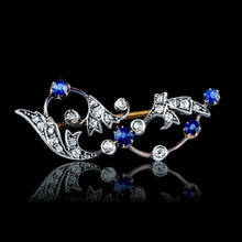 Load image into Gallery viewer, Antique Victorian Sapphire and Diamond Brooch with Foliate Motif 9K Gold- c.1880
