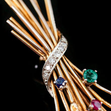 Load image into Gallery viewer, Antique/Vintage 9ct Gold Harvest Wheat Brooch with Emeralds, Sapphires, Diamonds &amp; Ruby - c.1940
