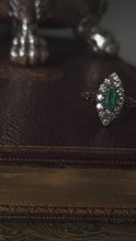 Load and play video in Gallery viewer, Magnificent Antique Victorian 18K Gold Emerald &amp; Diamond Navette Cluster Ring - c.1880
