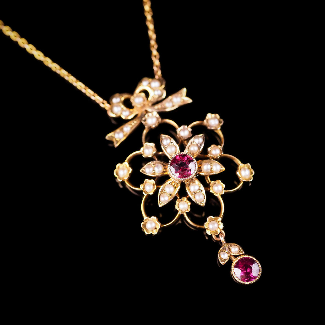 Antique Edwardian Gold Ruby & Pearl Necklace c.1900