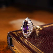Load image into Gallery viewer, A Magnificent Vintage 18K Gold Large Amethyst &amp; Diamond Marquise Ring
