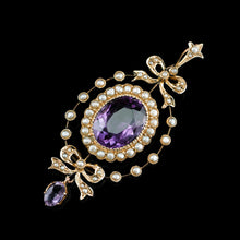 Load image into Gallery viewer, Antique Edwardian Amethyst &amp; Seed Pearl 9K Gold Necklace Pendant - c.1905
