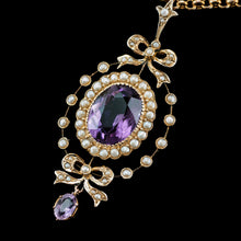 Load image into Gallery viewer, Antique Edwardian Amethyst &amp; Seed Pearl 9K Gold Necklace Pendant - c.1905
