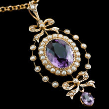 Load image into Gallery viewer, Antique Edwardian Amethyst &amp; Seed Pearl 9K Gold Necklace Pendant - c.1905
