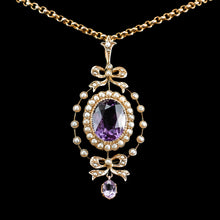 Load image into Gallery viewer, Antique Edwardian Amethyst &amp; Seed Pearl 9K Gold Necklace Pendant - c.1905
