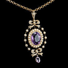 Load image into Gallery viewer, Antique Edwardian Amethyst &amp; Seed Pearl 9K Gold Necklace Pendant - c.1905
