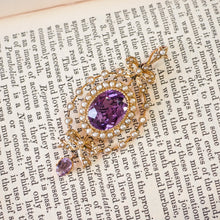 Load image into Gallery viewer, Antique Edwardian Amethyst &amp; Seed Pearl 9K Gold Necklace Pendant - c.1905

