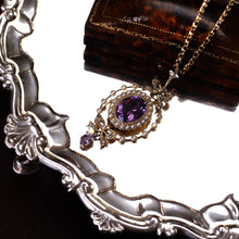 Load image into Gallery viewer, Antique Edwardian Amethyst &amp; Seed Pearl 9K Gold Necklace Pendant - c.1905
