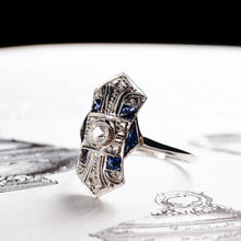 Load image into Gallery viewer, Antique Art Deco 18K White Gold Diamond &amp; Sapphire Ring

