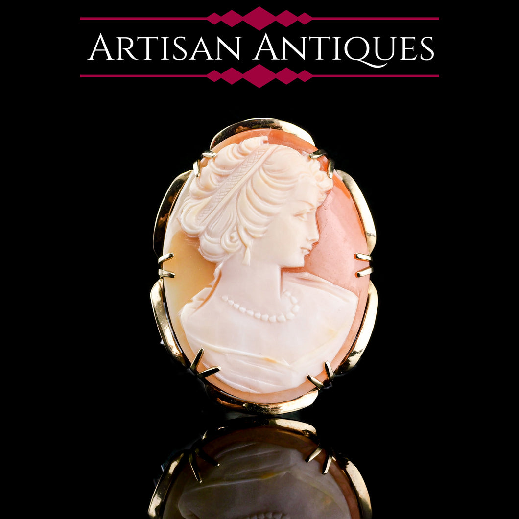 Vintage 9K Gold Cameo Brooch with Hand Engraved Maiden Head - c.1966