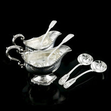 Load image into Gallery viewer, Antique Victorian Set of 4 Solid Silver Sauce Ladles/Spoons &quot;Fiddle Thread &amp; Shell&quot; Pattern - Chawner &amp; Co 1845
