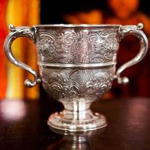 Load image into Gallery viewer, Antique Georgian Irish Solid Silver Large (1kg+) Two Handled Cup/Wine Cooler with Beautiful Floral Chasing - Dublin 1726
