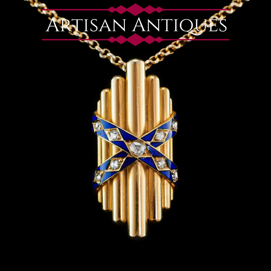 Stylish Antique Victorian 18K Gold Rose Cut Diamond & Blue Enamel Pendant - c.1880