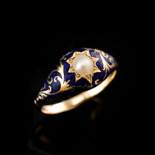 Load image into Gallery viewer, A Fabulous Antique Victorian 18K Gold Enamel &amp; Pearl Ring with Scrolled Decorations - c.1880
