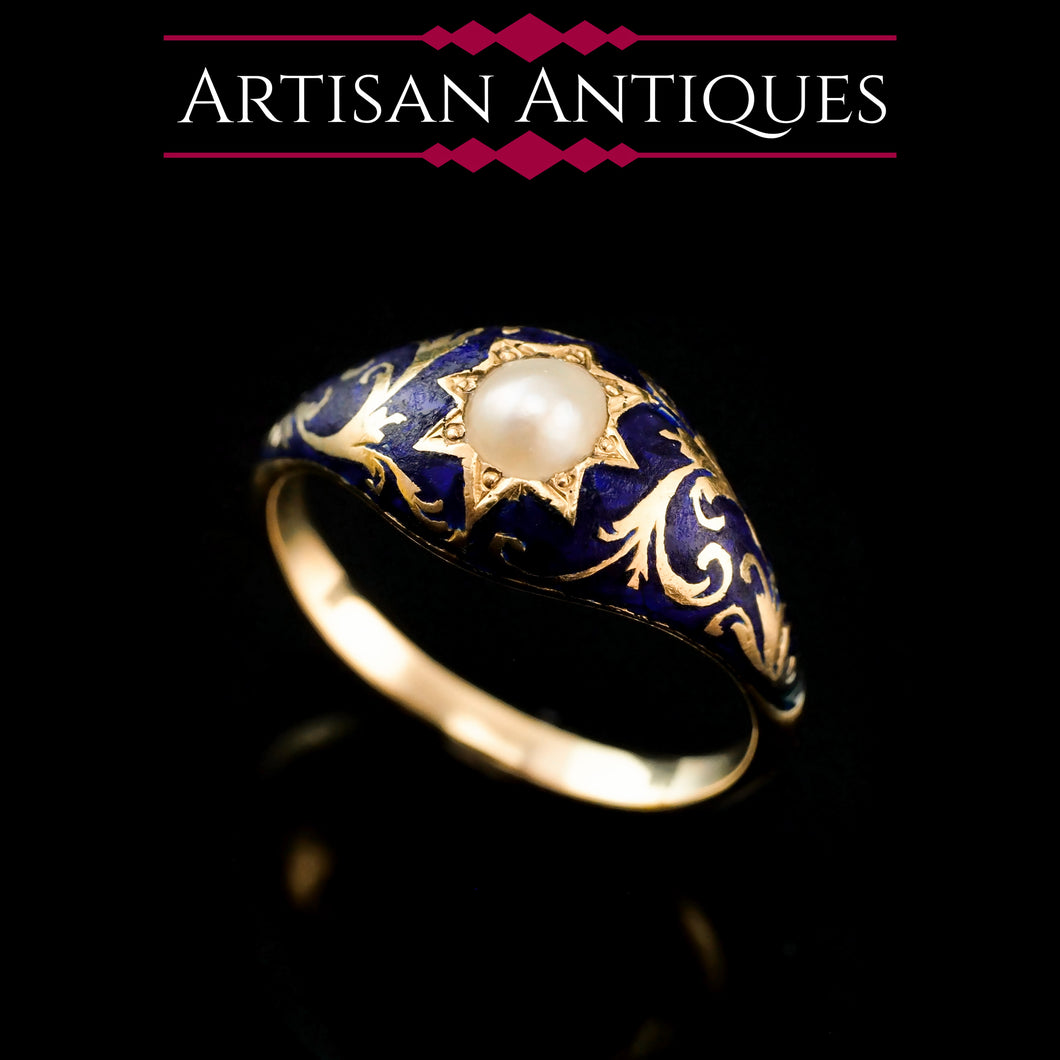 A Fabulous Antique Victorian 18K Gold Enamel & Pearl Ring with Scrolled Decorations - c.1880