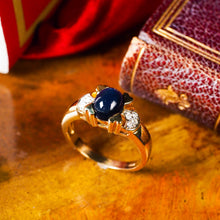 Load image into Gallery viewer, A Stylish Vintage 9K Gold Sapphire Cabochon and Diamond Ring

